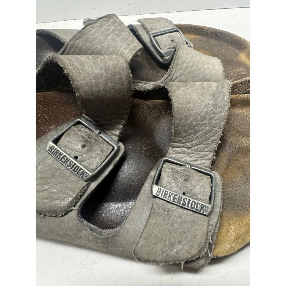 Birkenstock Arizona Grey Leather Two Strap Buckle Slide Sandals Mens 43 10